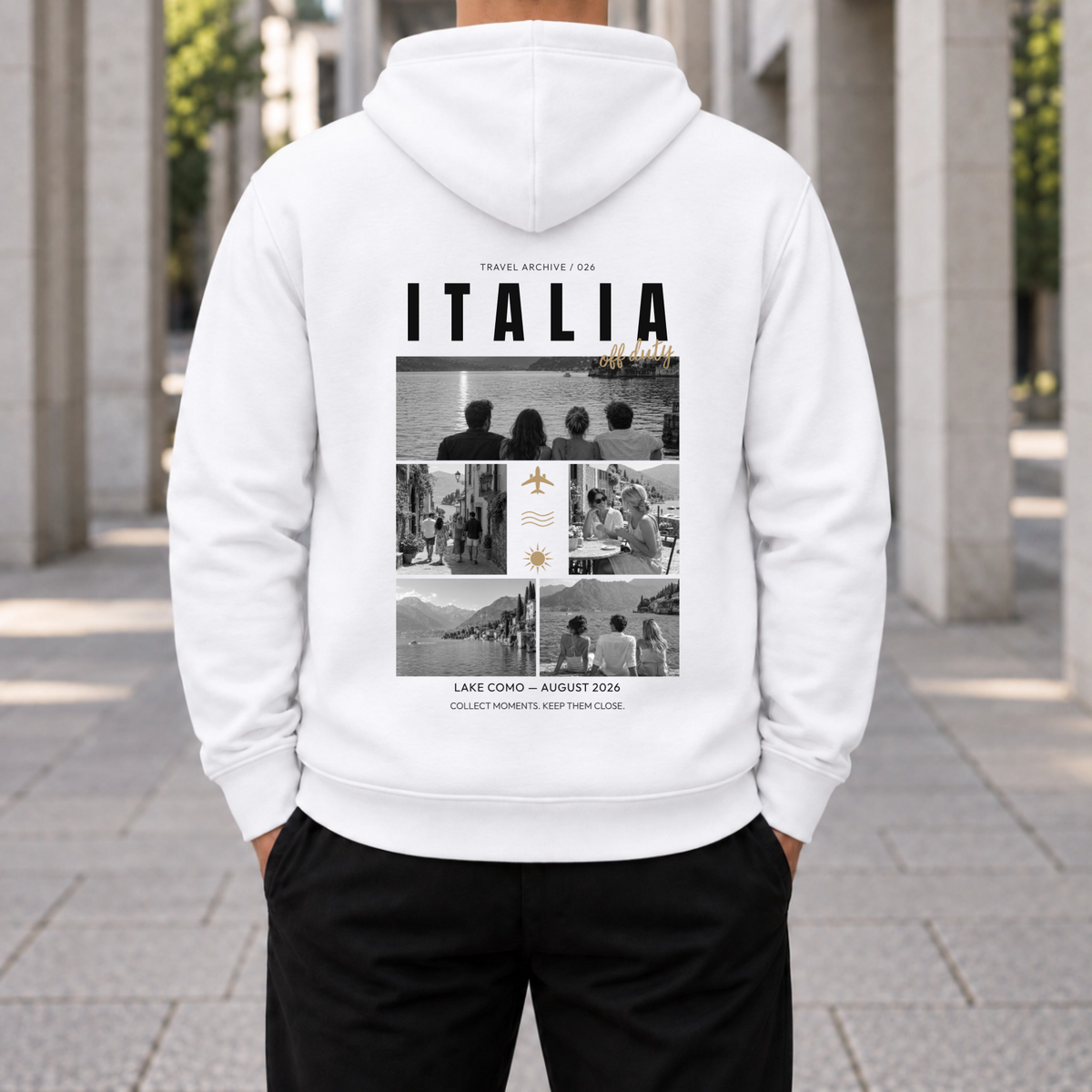 Personalisierter Reise Hoodie Herren mit 5 Fotos – Travel Archive