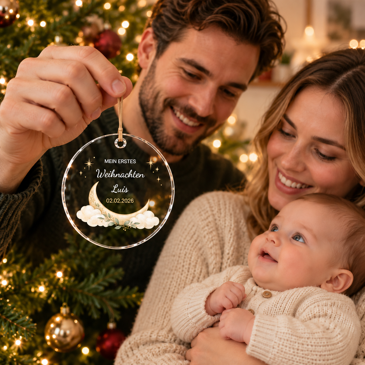 Junge Familie mit personalisiertem Baby-Weihnachtsanhänger