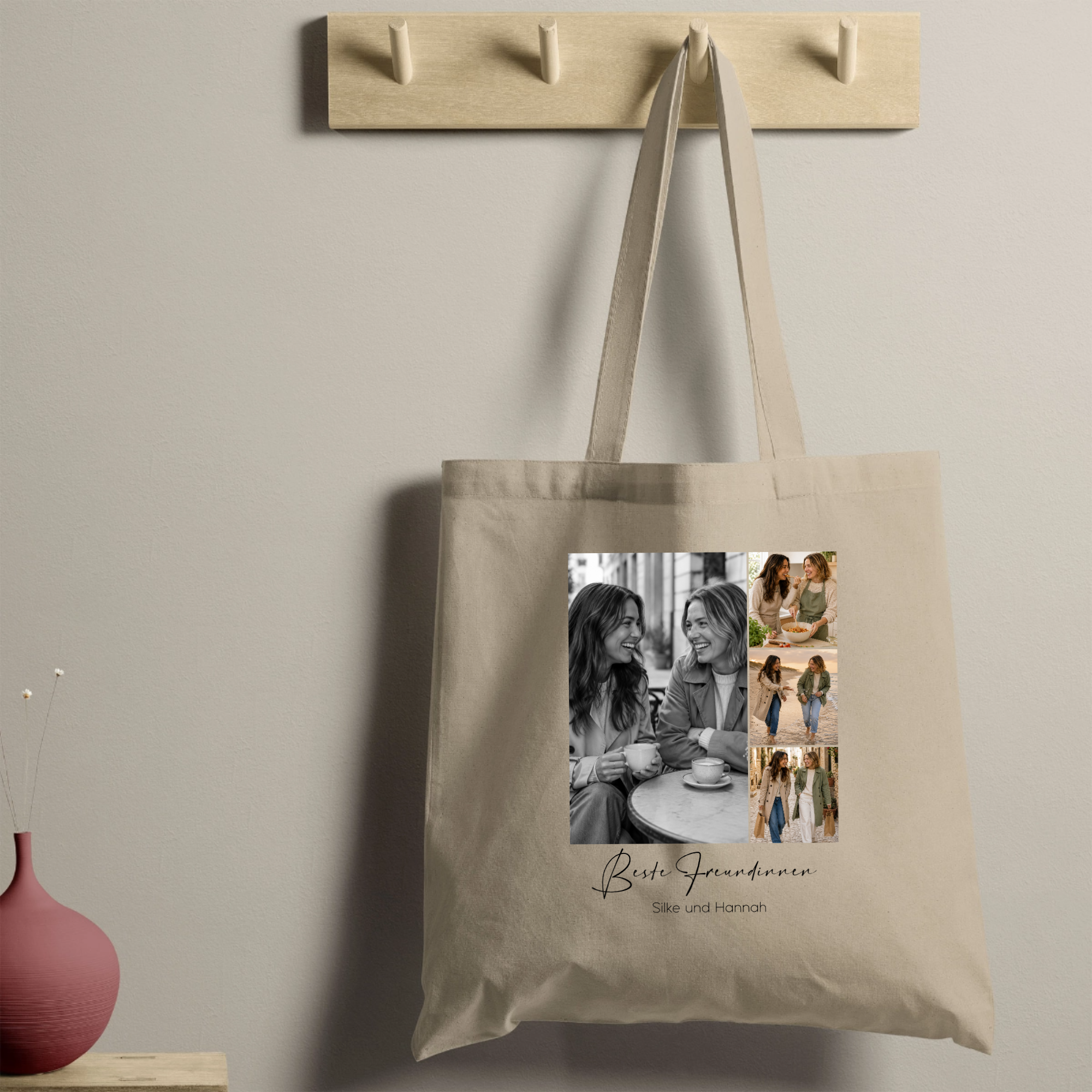 Personalisierte Baumwolltasche mit 4 Fotos & Wunschtext – Fotocollage