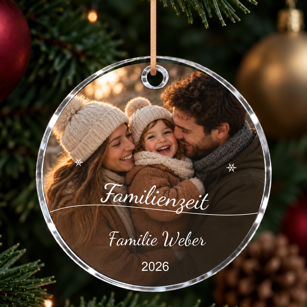 Personalisierter Foto-Christbaumschmuck für Familien mit eigener Überschrift