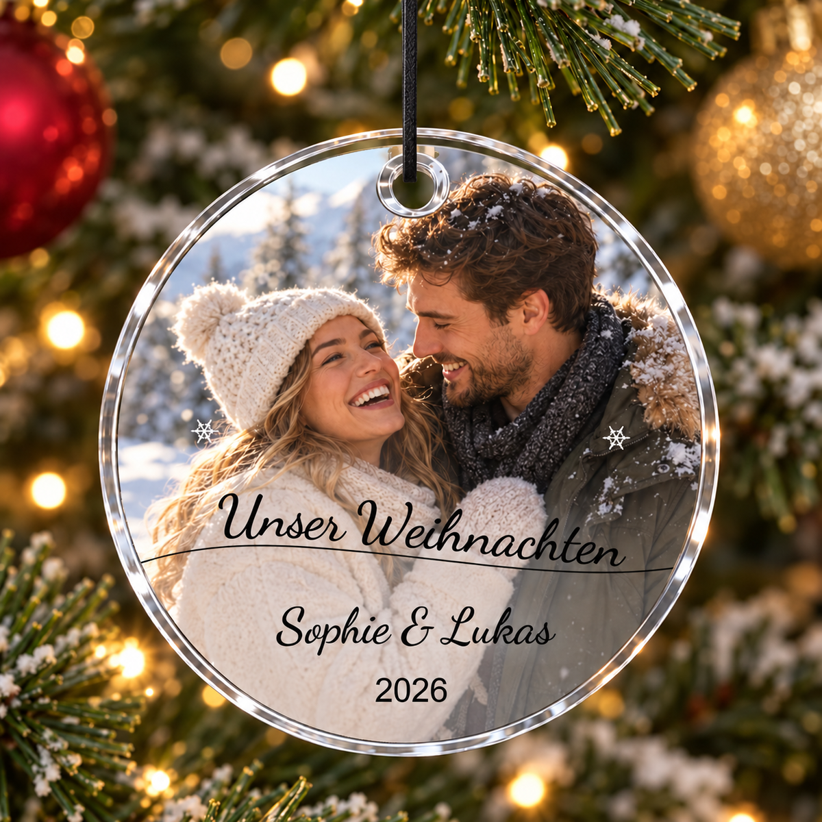 Personalisierter Foto-Weihnachtsanhänger mit schwarzer Schrift und schwarzer Lederkordel