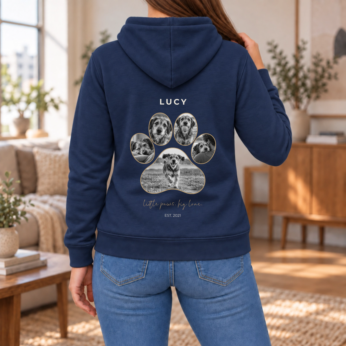 Personalisierter Haustier Hoodie Damen in Navy – Rückenprint