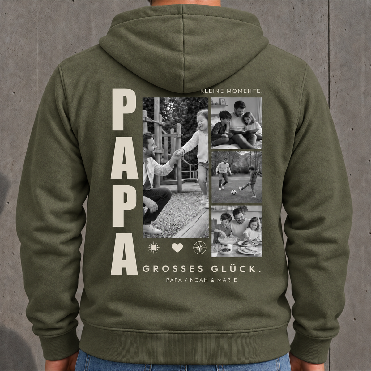 Personalisierter Papa Hoodie in Khaki mit 4 Fotos auf dem Rücken