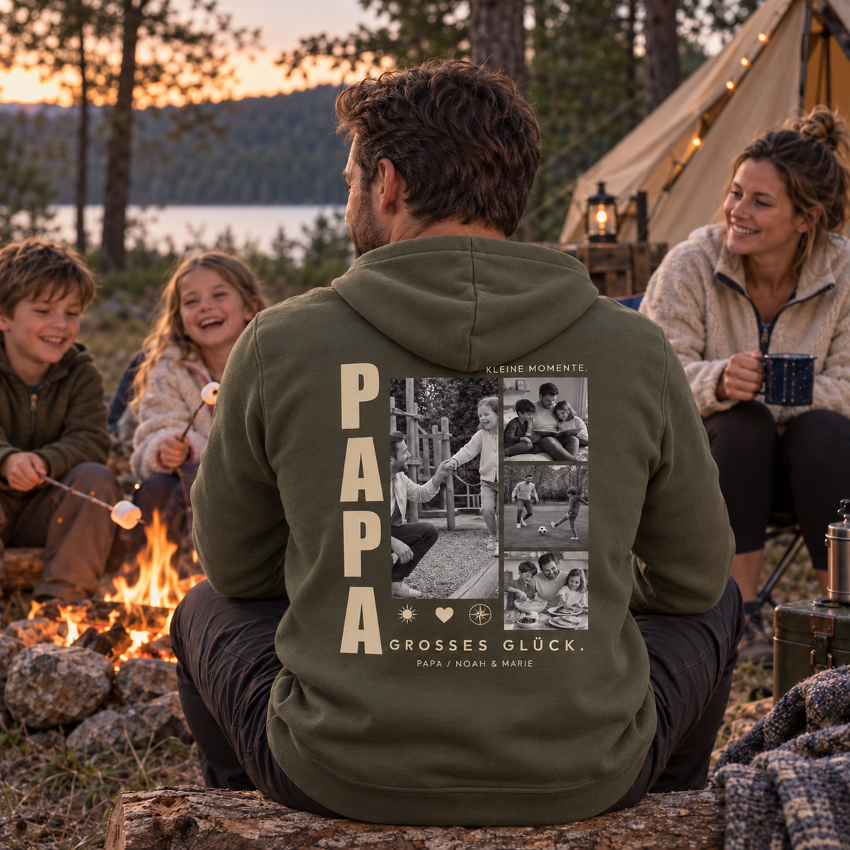 Personalisierter Papa Hoodie mit 4 Fotos – Familienmoment am Lagerfeuer