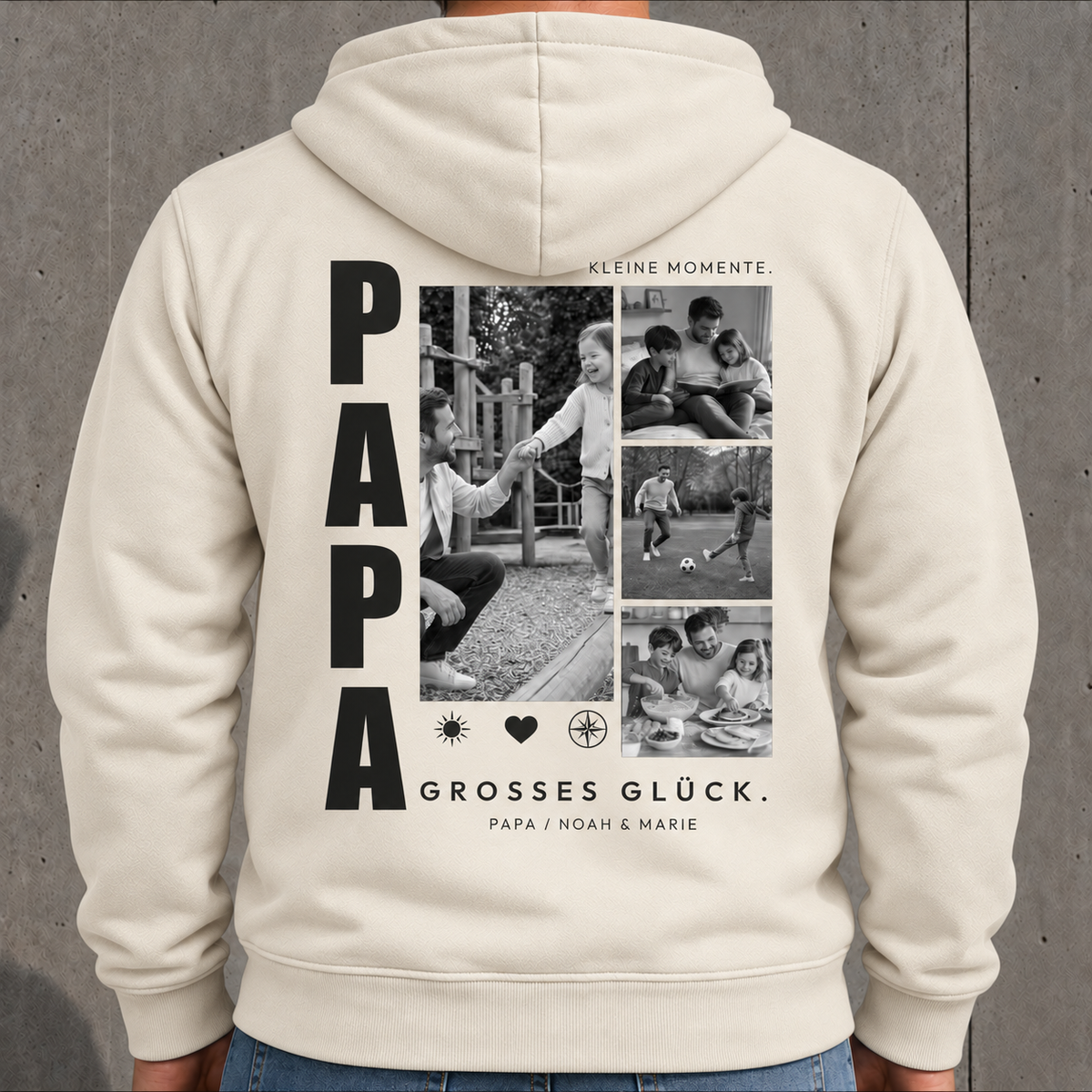 Personalisierter Papa Hoodie in Natural mit 4 Fotos auf dem Rücken