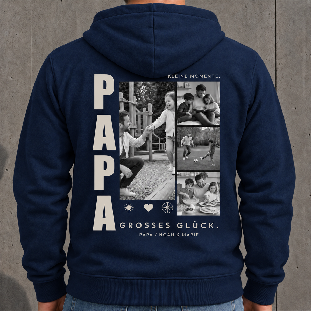 Personalisierter Papa Hoodie in Navy mit 4 Fotos auf dem Rücken