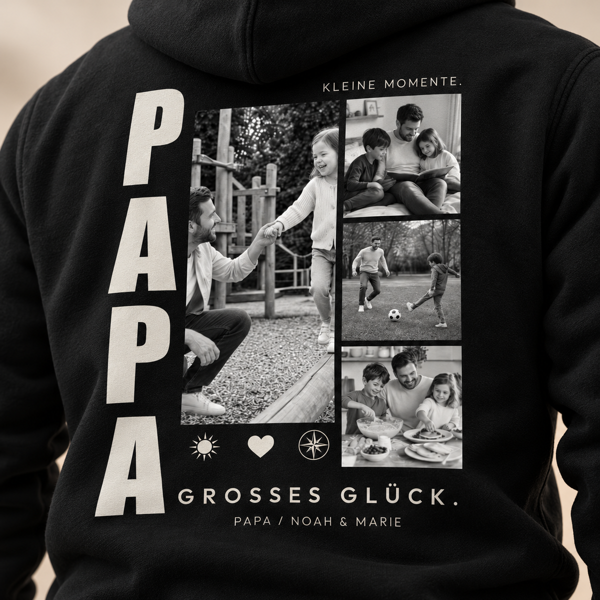 Papa Hoodie mit vier Fotos – Detailansicht des personalisierten Rückendesigns