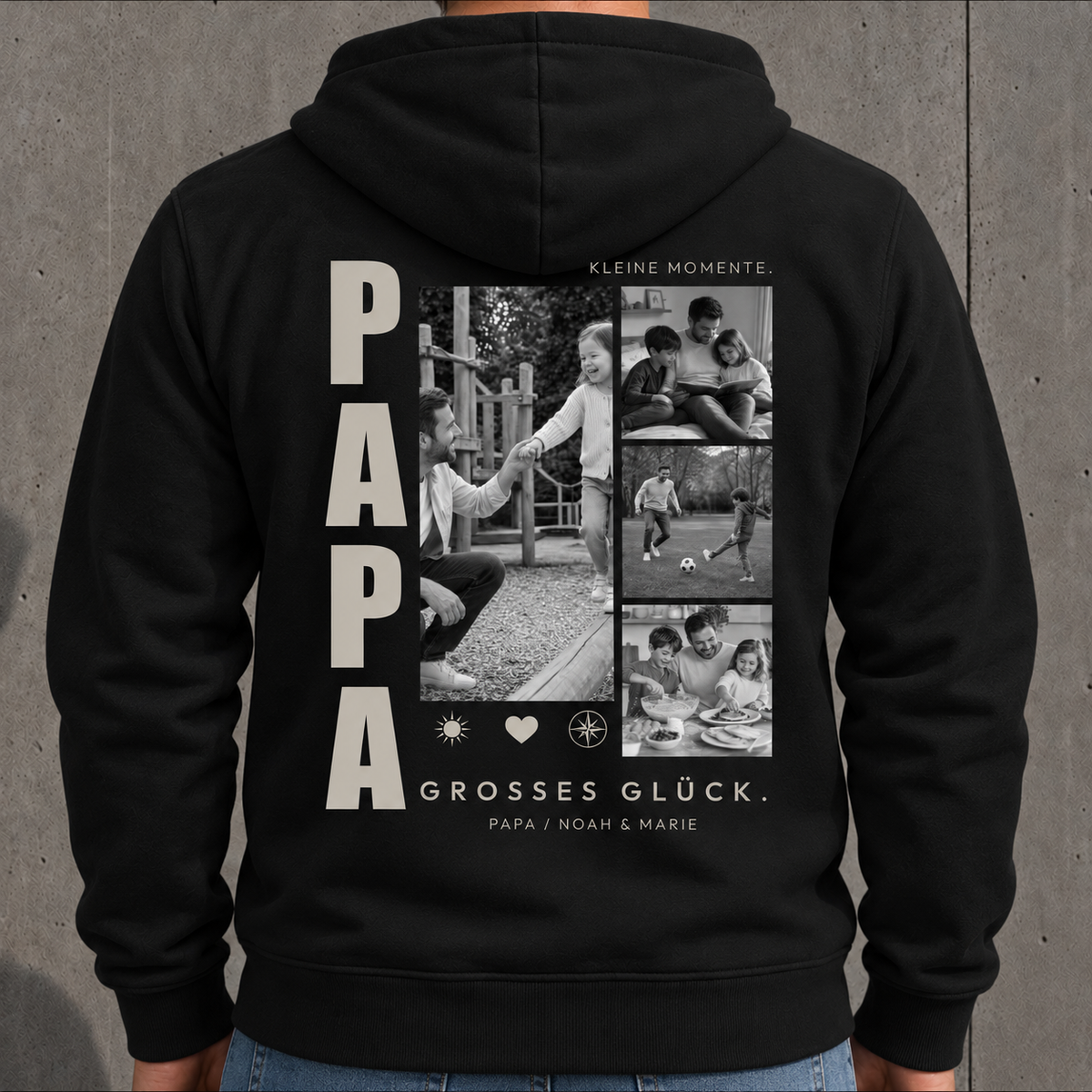 Personalisierter Papa Hoodie in Schwarz mit 4 Fotos auf dem Rücken