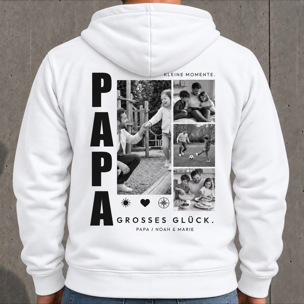 Personalisierter Papa Hoodie in Weiß mit 4 Fotos auf dem Rücken