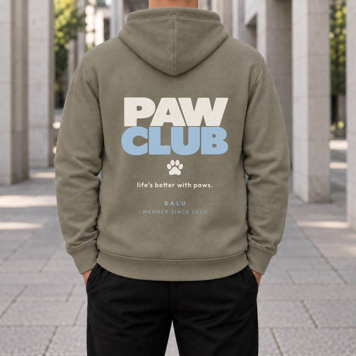 Khaki PAW CLUB Herren Hoodie – personalisierter Rückenprint