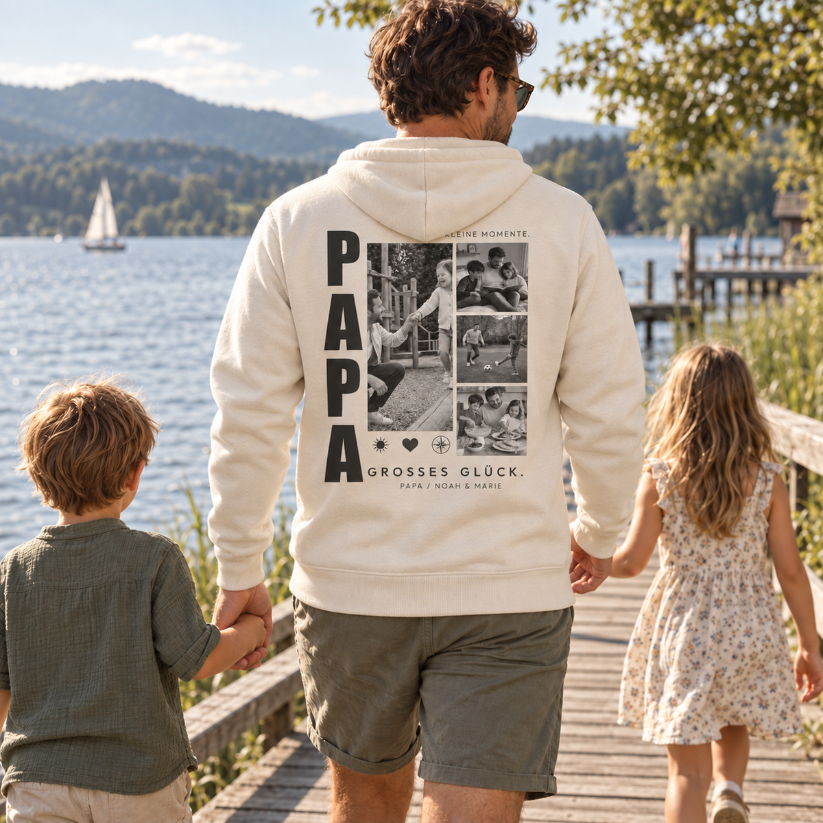 Personalisierter Papa Hoodie mit 4 Fotos – Vater mit zwei Kindern am See