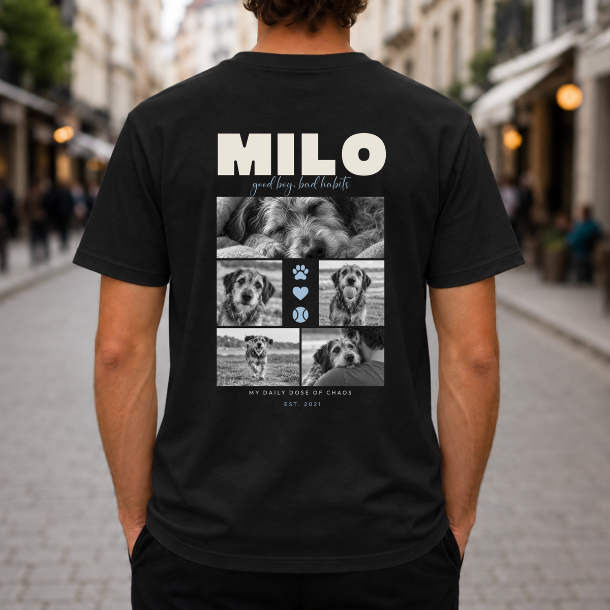 Personalisiertes Haustier T-Shirt mit fünf Hundefotos und Name – Rückenansicht
