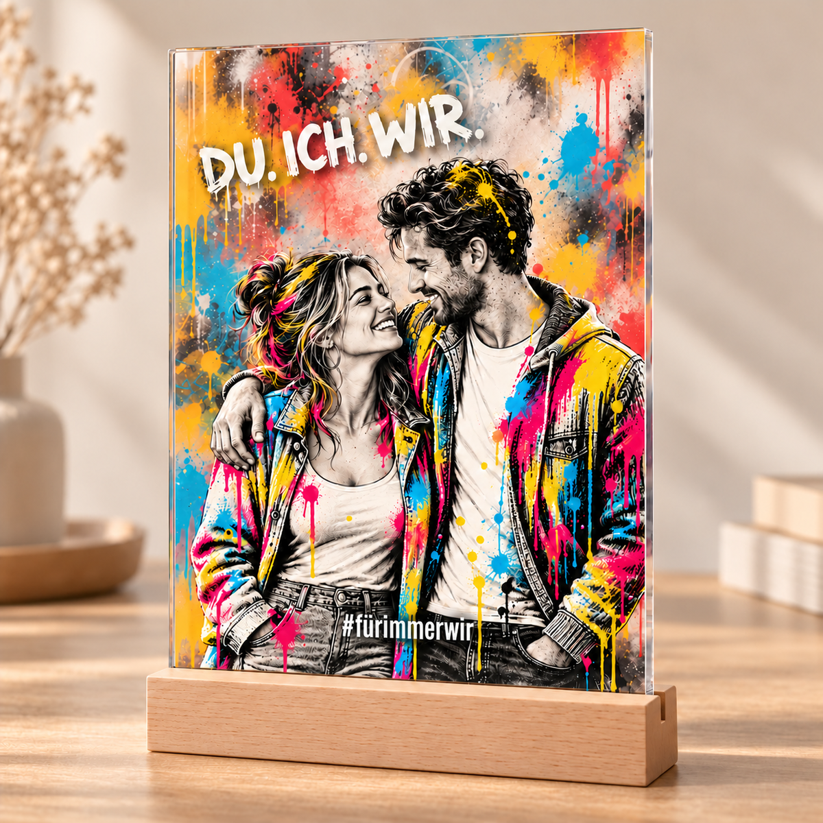 Personalisiertes Street-Art Acrylglasbild für Paare im Buchenholzständer mit passender 4-mm-Nut