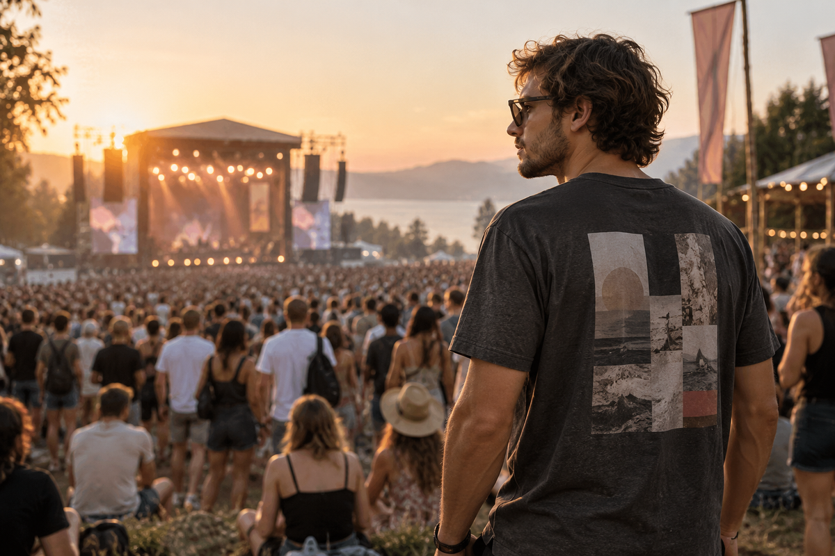 Mann im Unisex T-Shirt bei einem Konzert