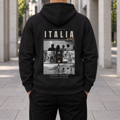 Personalisierter Reise Hoodie Herren mit 5 Fotos – Travel Archive