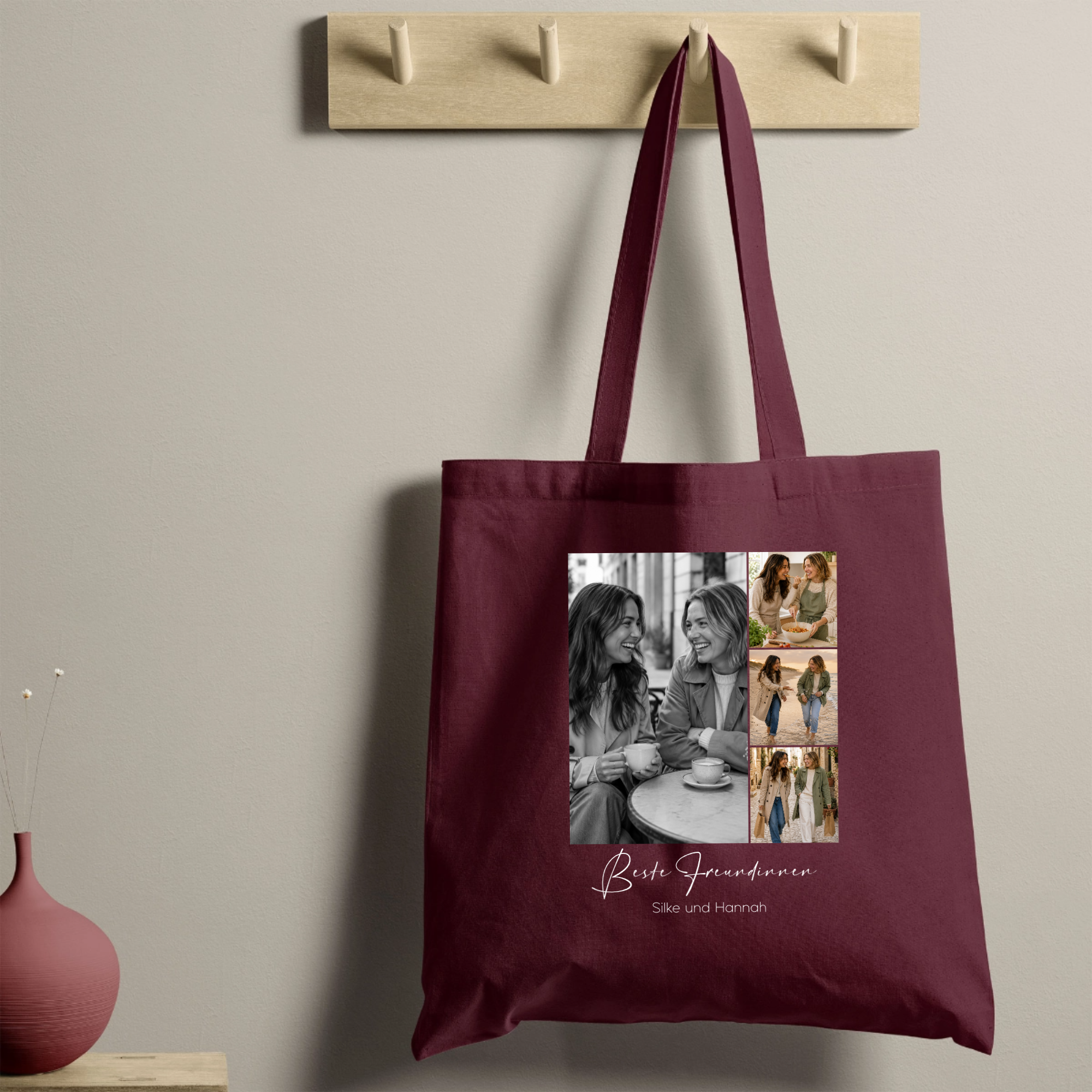 Personalisierte Baumwolltasche mit 4 Fotos & Wunschtext – Fotocollage