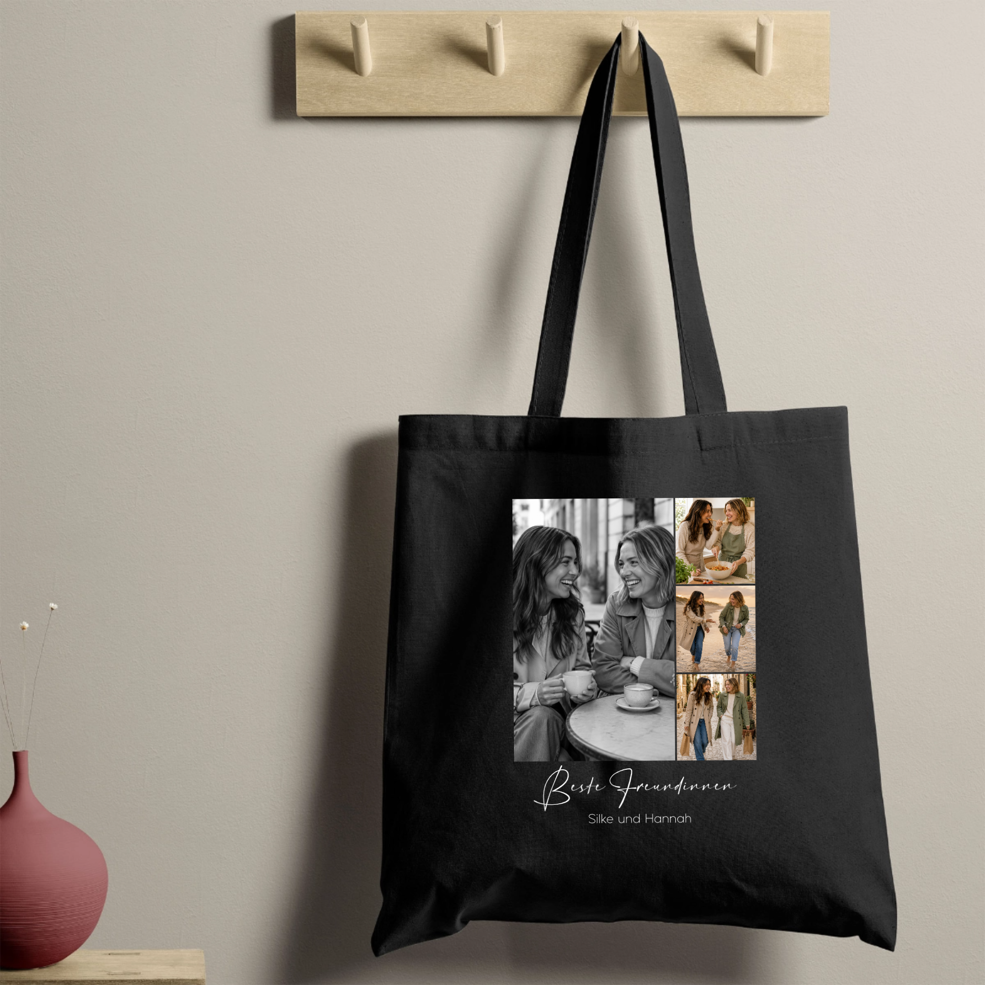 Personalisierte Baumwolltasche mit 4 Fotos & Wunschtext – Fotocollage