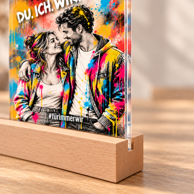 Nahaufnahme des 4-mm-Acrylglases in der passgenauen durchgehenden Nut des Buchenholzständers