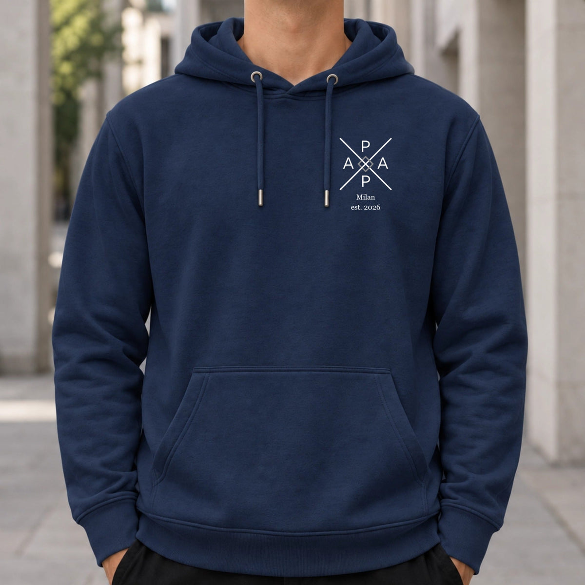 Personalisierter Papa Hoodie in Navy mit Kreuzdesign