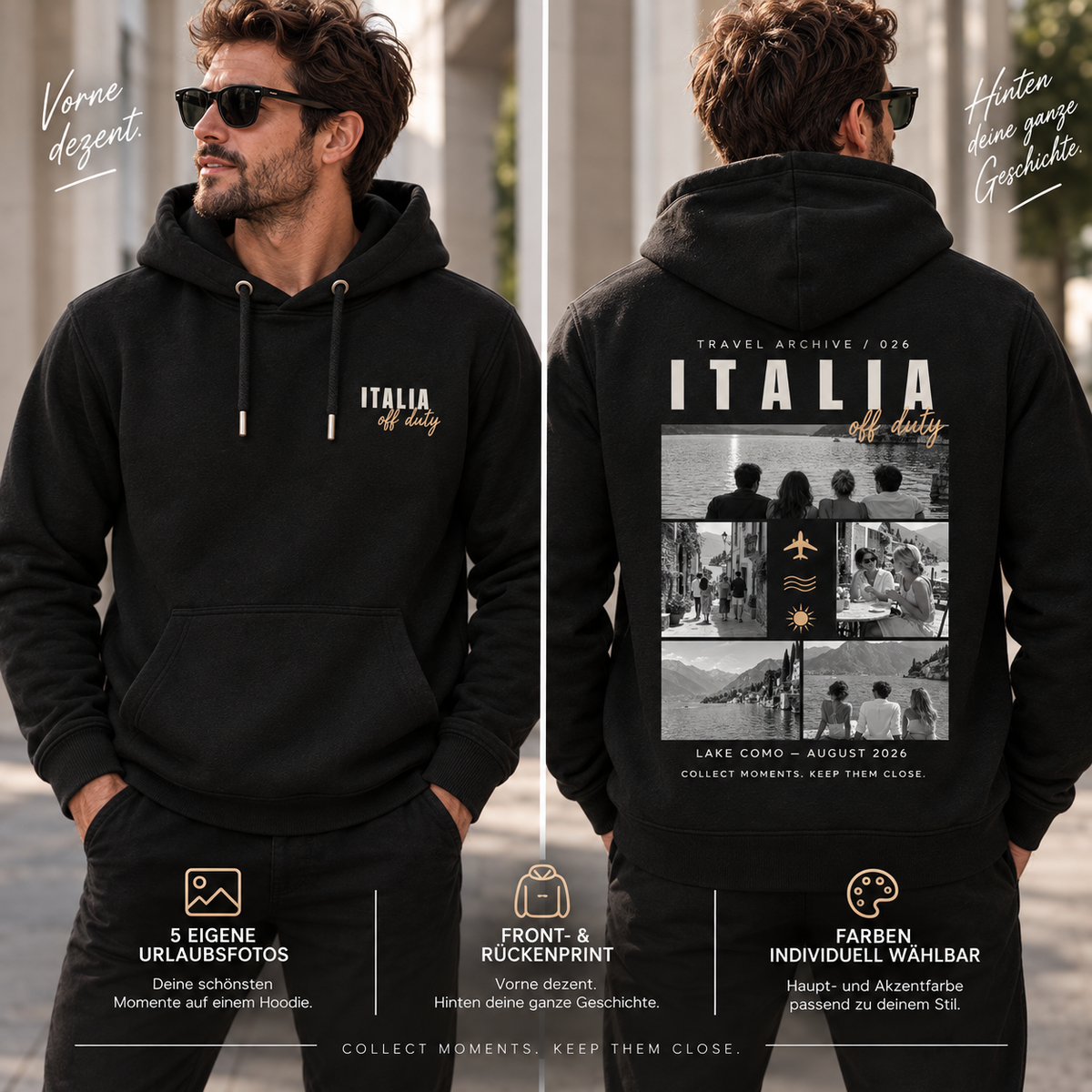 Personalisierter Reise Hoodie Herren mit 5 Fotos – Travel Archive
