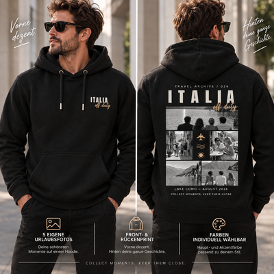 Personalisierter Reise Hoodie Herren mit 5 Fotos – Travel Archive