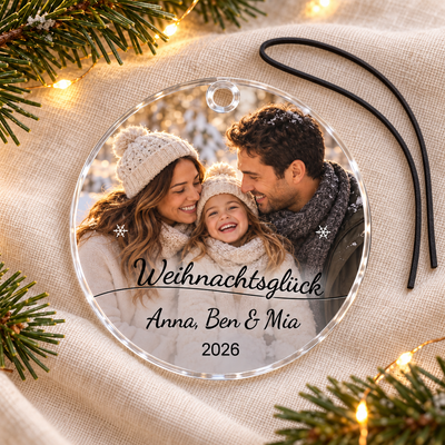 Personalisierter Foto-Christbaumschmuck aus Acrylglas auf Leinentuch