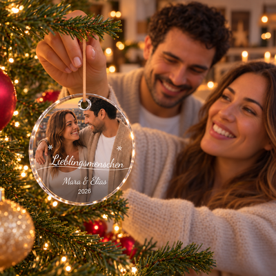 Paar hängt personalisierten Foto-Weihnachtsanhänger an den Christbaum