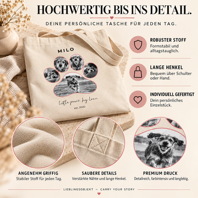 Haustier-Baumwolltasche – Stoff, Nähte und Premiumdruck im Detail