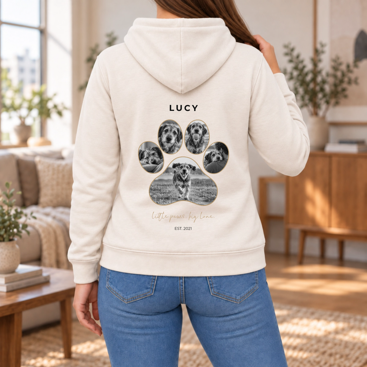 Personalisierter Haustier Hoodie Damen in Natural – Rückenprint