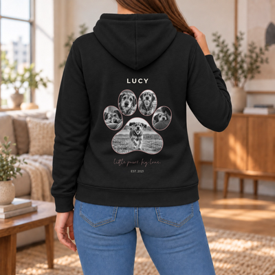 Personalisierter Haustier Hoodie Damen in Schwarz – Rückenprint mit 5 Fotos