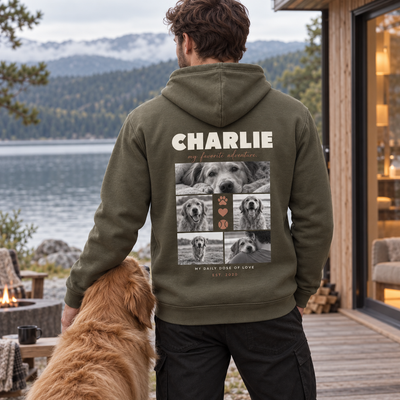 Personalisierter Haustier Hoodie mit fünf Hundefotos in Khaki – Lifestyle