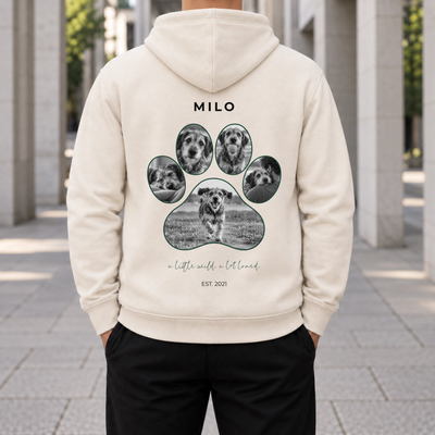 Personalisierter Haustier Hoodie Natural – Pfoten Design Rückseite