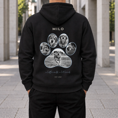 Personalisierter Haustier Hoodie Schwarz – Pfoten Design Rückseite