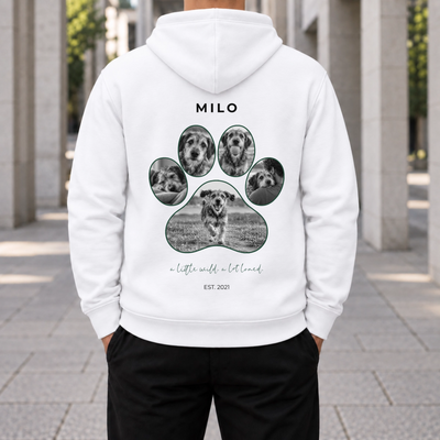 Personalisierter Haustier Hoodie Weiß – Pfoten Design Rückseite