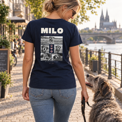 Personalisiertes Haustier T-Shirt für Damen mit fünf Hundefotos – Lifestyle Rückenansicht