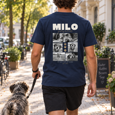 Personalisiertes Haustier T-Shirt mit fünf Hundefotos – Lifestyle Rückenansicht