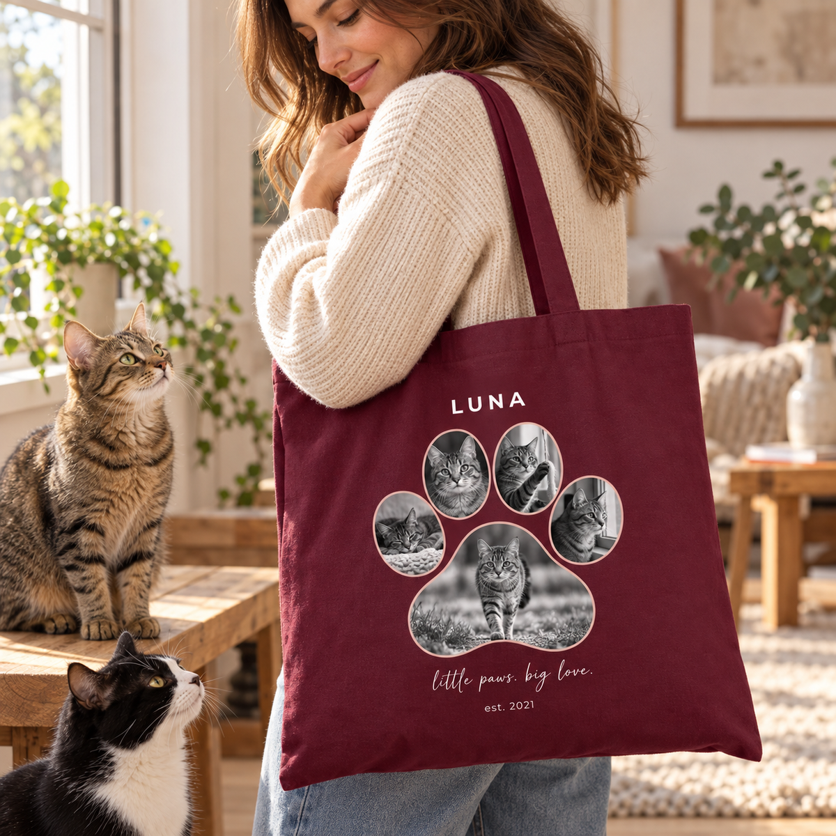 Personalisierte Haustier-Baumwolltasche mit fünf Katzenfotos – Lifestylemotiv