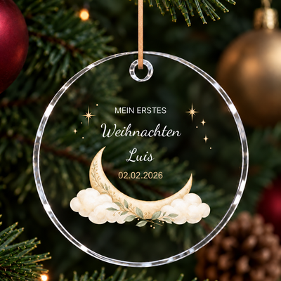 Personalisierter Baby-Christbaumschmuck mit Name, Datum und naturfarbener Vierkant-Lederkordel