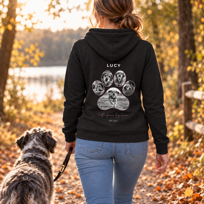 Personalisierter Haustier Hoodie Damen mit Fotopfote – Lifestyle mit Hund
