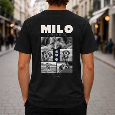 Personalisiertes Haustier T-Shirt mit fünf Hundefotos und Name – Rückenansicht
