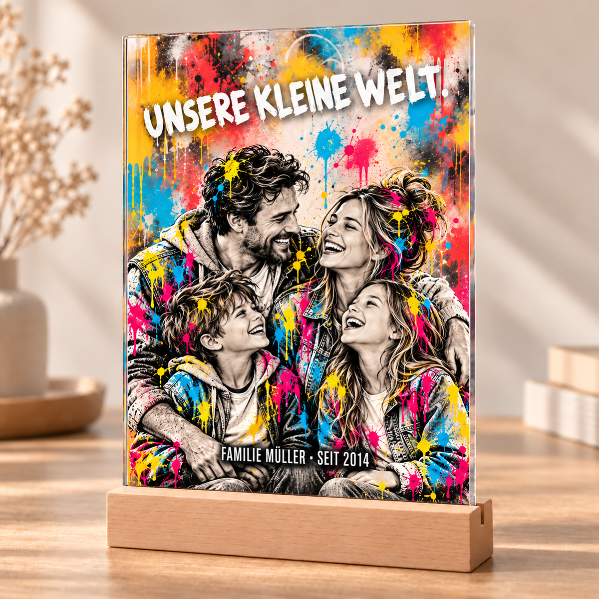 Personalisiertes Street-Art Acrylglasbild einer Familie mit dem Text Unsere kleine Welt