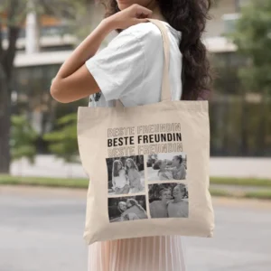 personalisierter stoffbeutel mit 4 fotos und text baumwolltasche